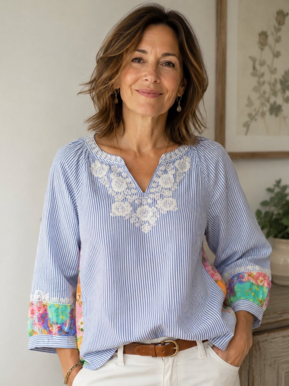 John Mark Blue Stripe Embroidered Floral Patchwork Back Boho Office Blouse S PXL